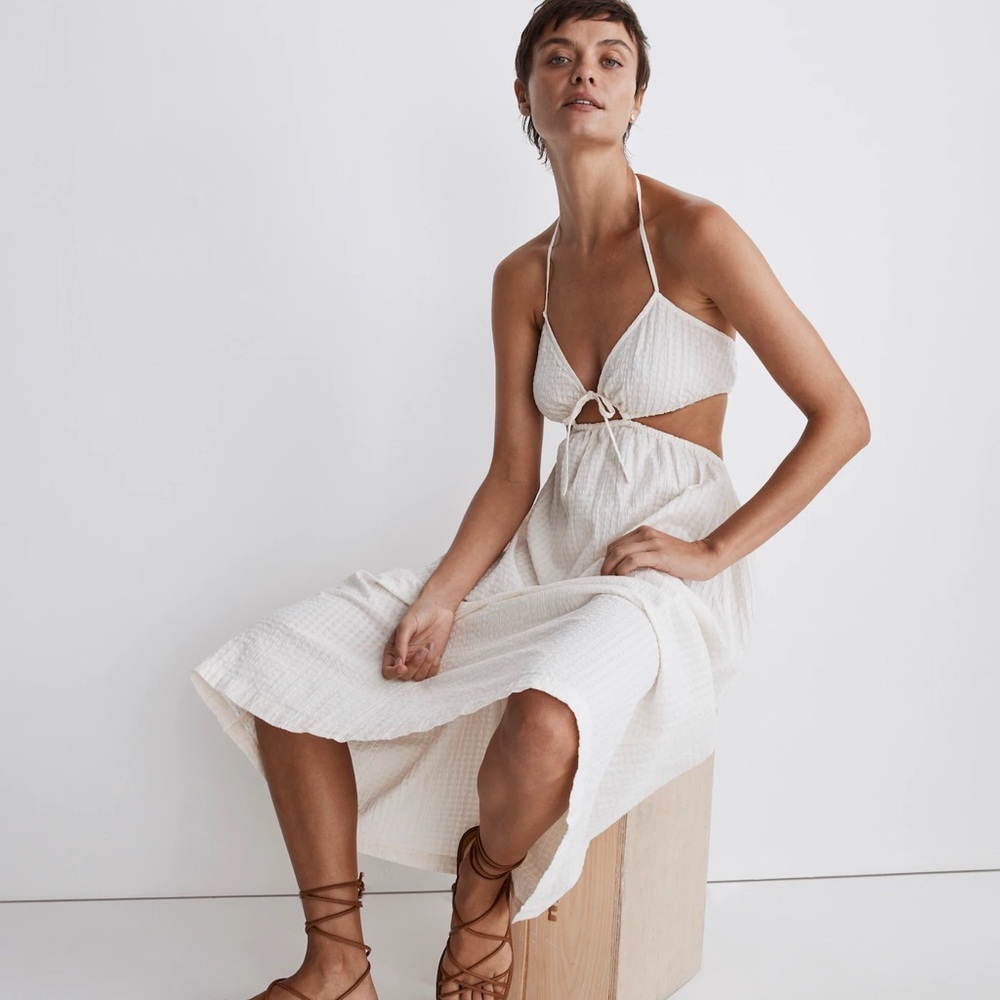Madewell Seersucker Tie-Front Cutout Midi Dress